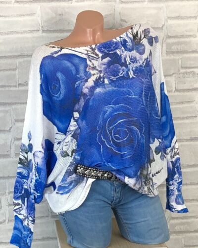 Italy Leichte Strick Pulli Shirt Tunika Pullover Print Blumen 38 40 42 Weiß F764 - Afbeelding 1 van 2