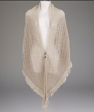 Vintage Hand Knit PONCHO CAPE SHAWL Sweater Beige Fringe w/Decorative Clip