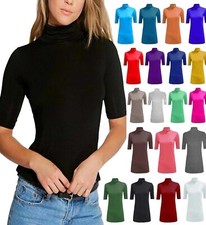 Women Short Sleeve Turtle Neck Jumper Ladies Stretch Polo Roll Neck T-Shirt Top