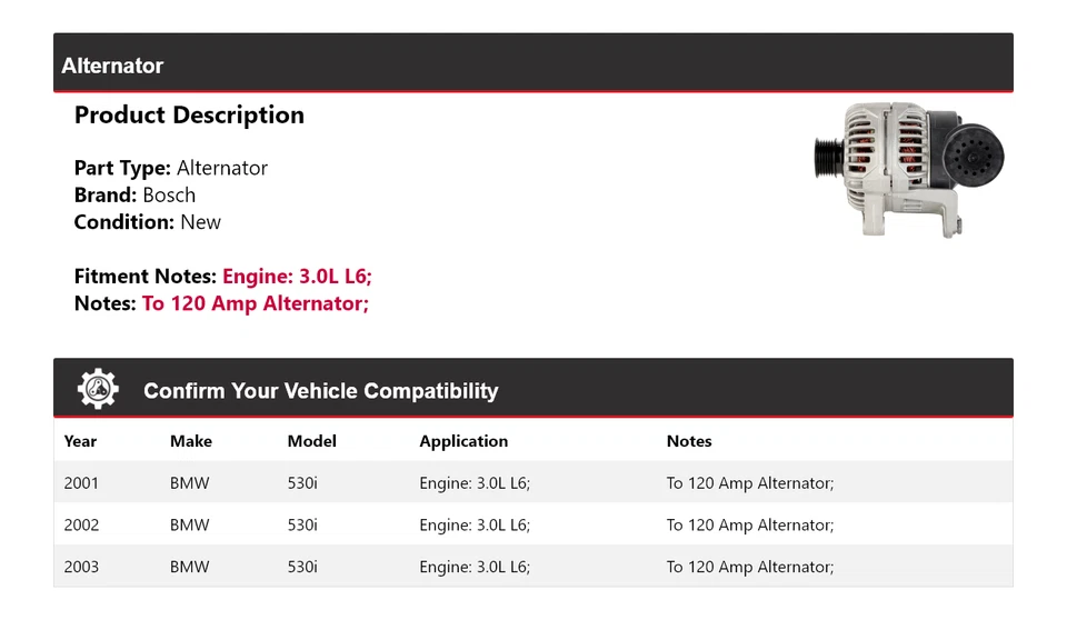 Alternador Bosch para BMW 530i 2001-2003 3,0 L L6 (nuevo) 2002 Foto 2 de 4