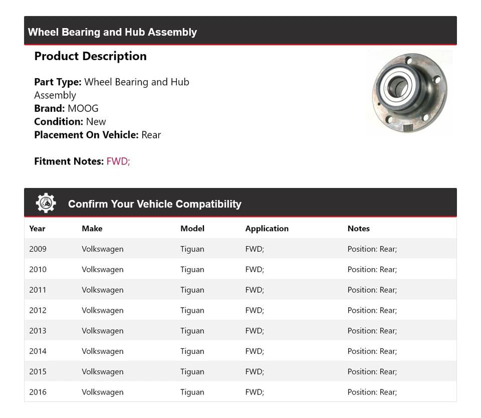 Подшипник колеса полного привода и ступица в сборе задние MOOG для Volkswagen Tiguan 2009-2016 годов выпуска - Изображение 2 из 4