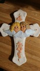 Child Angel Cross Wall Plaque 12 x 9 Glass Vintage Flower Pattern Hanging Plaque