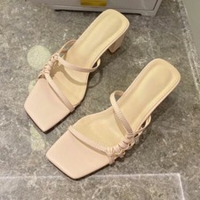 Women's Square Open Toe Block Mid Heels Sandals Slip On Mules Beige Color NEW