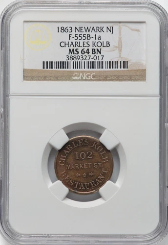 1863 Charles Kolb, Newark, NJ, MS64 Brown NGC. Fuld-NJ555B-1a, R.3. Great Color