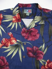 Mens Large Hilo Hattie 100 Silk Camp Shirt blue floral hawaiian