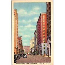 Vintage Grand Rapids Michigan Monroe Avenue Linen Antique Postcard Old Cars A21