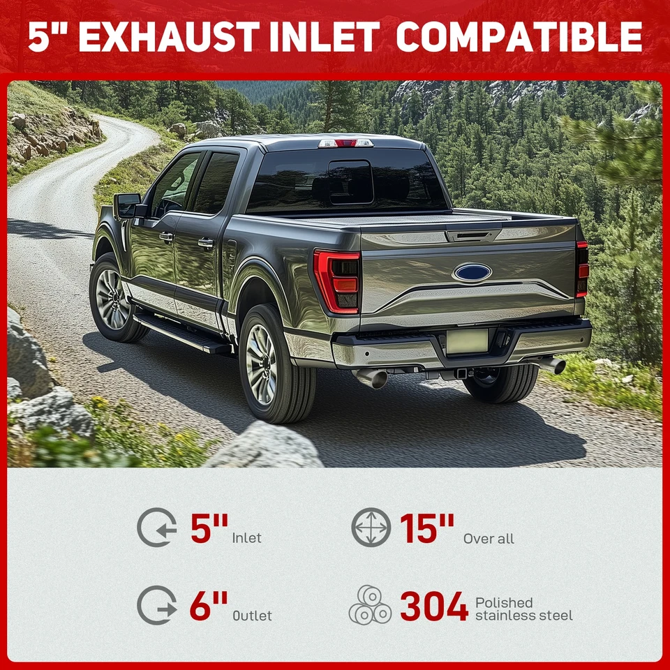 5" Inlet 6" Outlet 15" Long Stainless Exhaust Steel Tip For Ford F-350 F-250 150 - Image 2 of 4