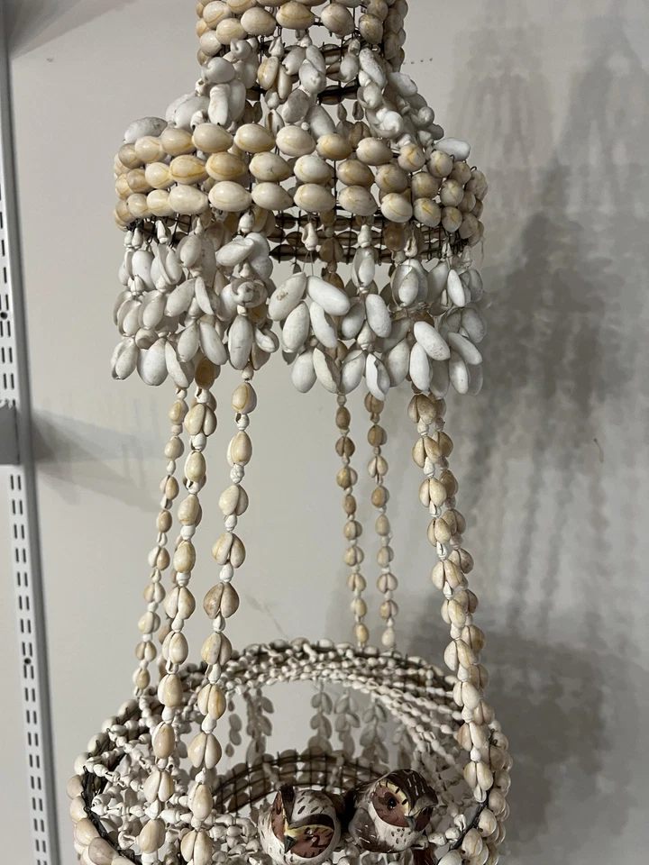 Araña colgante bohemia concha marina móvil decoración costera canasta en niveles pájaros Foto 3 de 4