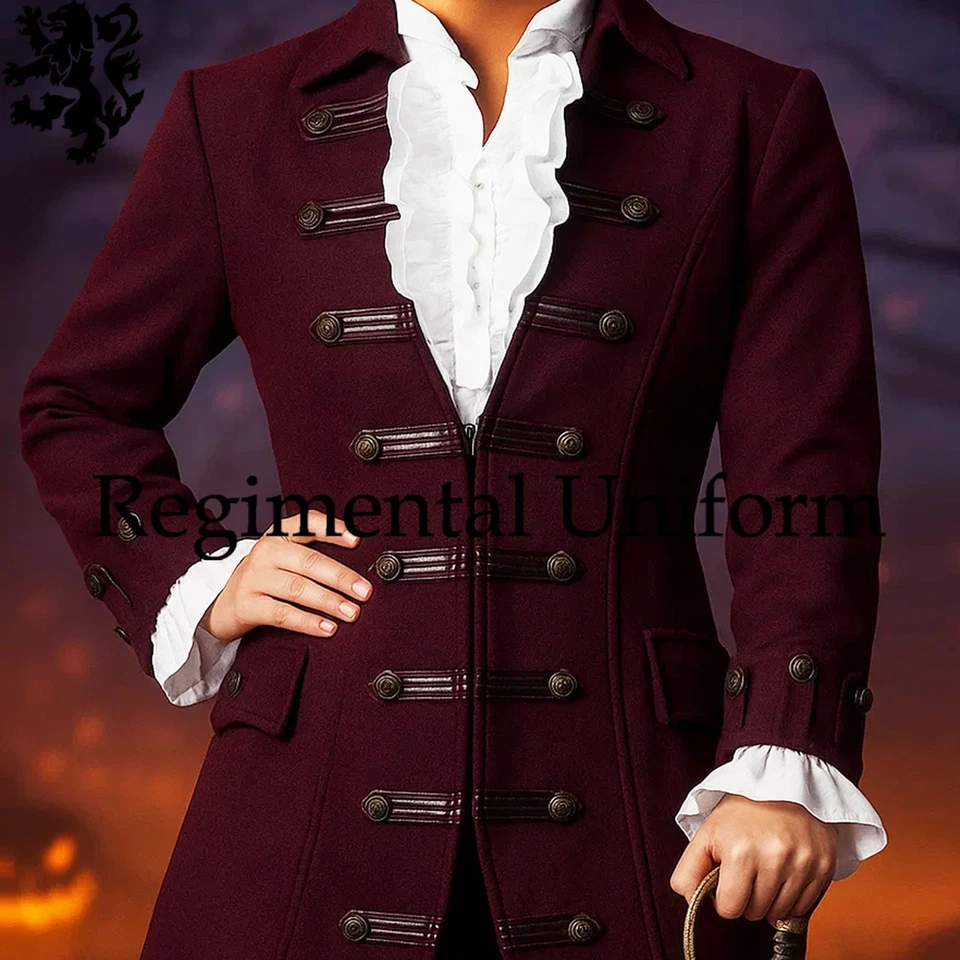 Histórico Halloween Cosplay Mujeres Pirata Capitán Disfraz Abrigo - Abrigo de Lana Ciruela Foto 2 de 4