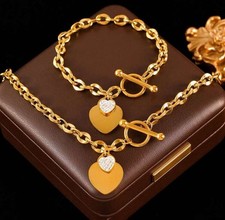 Gold Plated Stainless Steel Heart Pendant Necklace  Bracelet Set   2pc