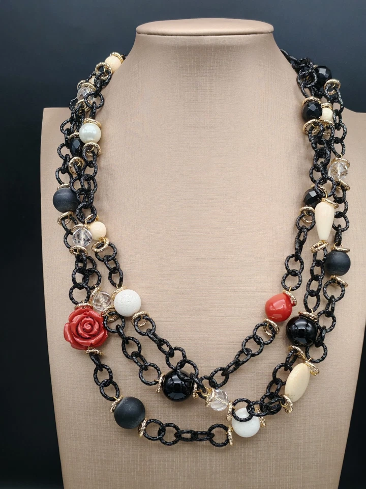 Collar Mujer Gargantilla Cadena Pasta De Coral Rojo Ónice Cristal De Roca - Imagen 3 de 4