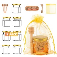 8 Pack 1.5oz Mini Glass Hexagon Honey Jars with Lids for Wedding Party Favors