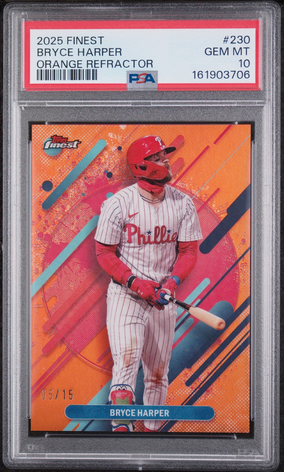 2025 TOPPS FINEST ORANGE REFRACTOR #230 BRYCE HARPER 5/15 PSA 10 view 1