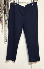 Anne Klein Navy Flat Front Dress Pants Button Accent Logo Pockets Women Regular
