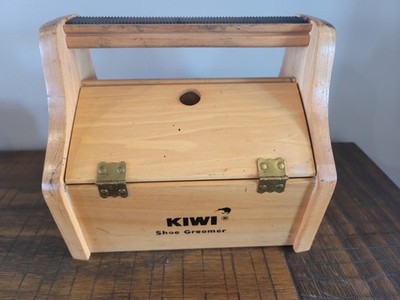 Vintage KIWI Shoe Shine Box Kit Wood Groomer Foot Rest Brushes Polish Complete