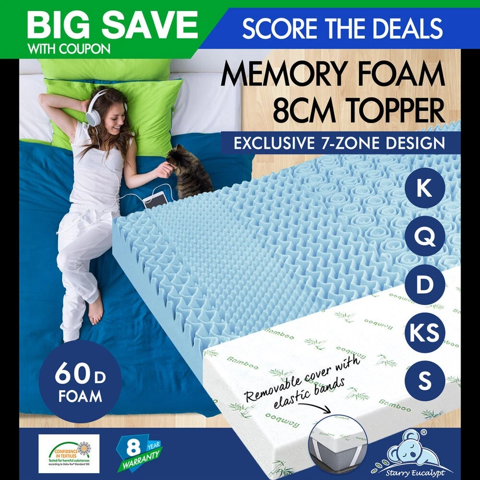 STARRY EUCALYPT Memory Foam Mattress Topper 7-Zone 8cm Cool Gel Bamboo Fabric