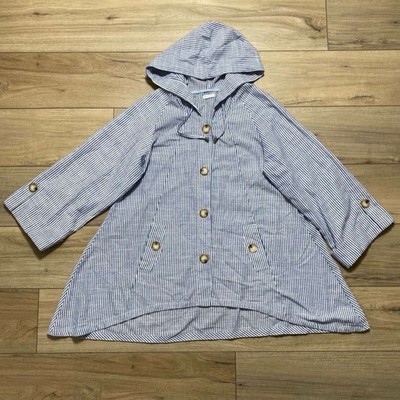 Sigrid Olsen Womens Linen Blend Coastal Lagenlook Hooded Jacket Blue White
