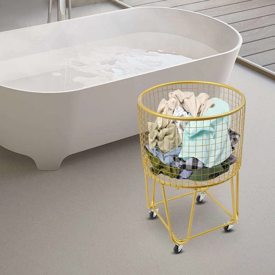 Modern Gold Metal Mesh Laundry Storage Cart Laundry Basket with Wheels - Image 2 of 4