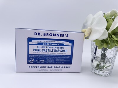 Dr Bronners All One Hemp Peppermint Pure Castile Bars Soap W/Organic Oils 6 Pack