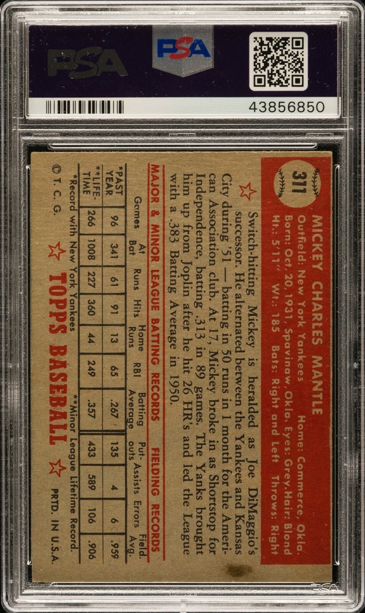 🌟1952 Topps #311 Mickey Mantle PSA 4🌟VERY BOLD COLOR~GOOD EYE