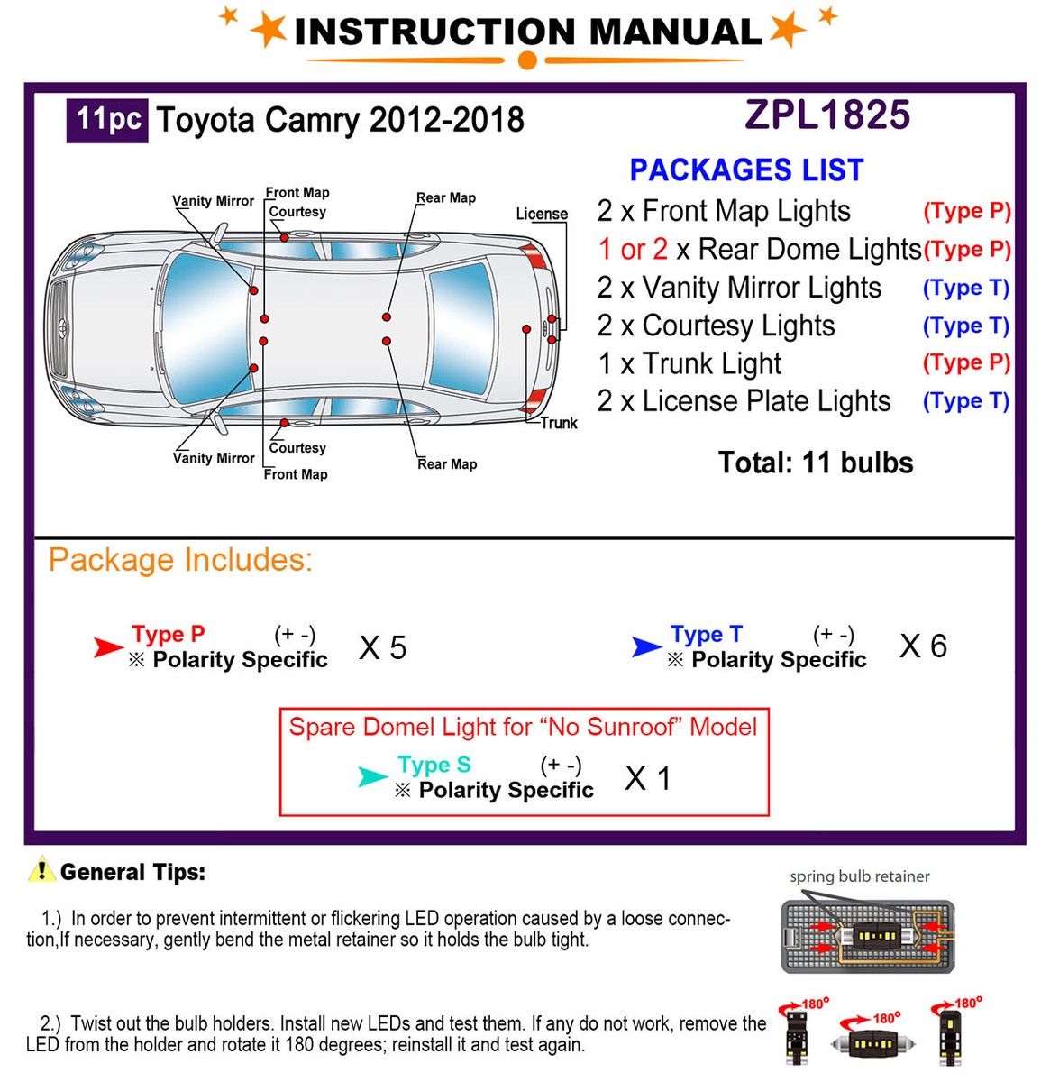 LED Interior Light Kit for Toyota Camry 2012-2018 White LED Dome