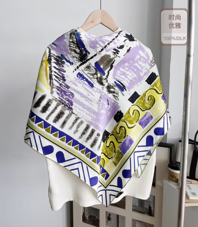 Pure 22 Momme Twill Silk Wrap Scarf Bandanna Water Print Square Shawl 108X108cm