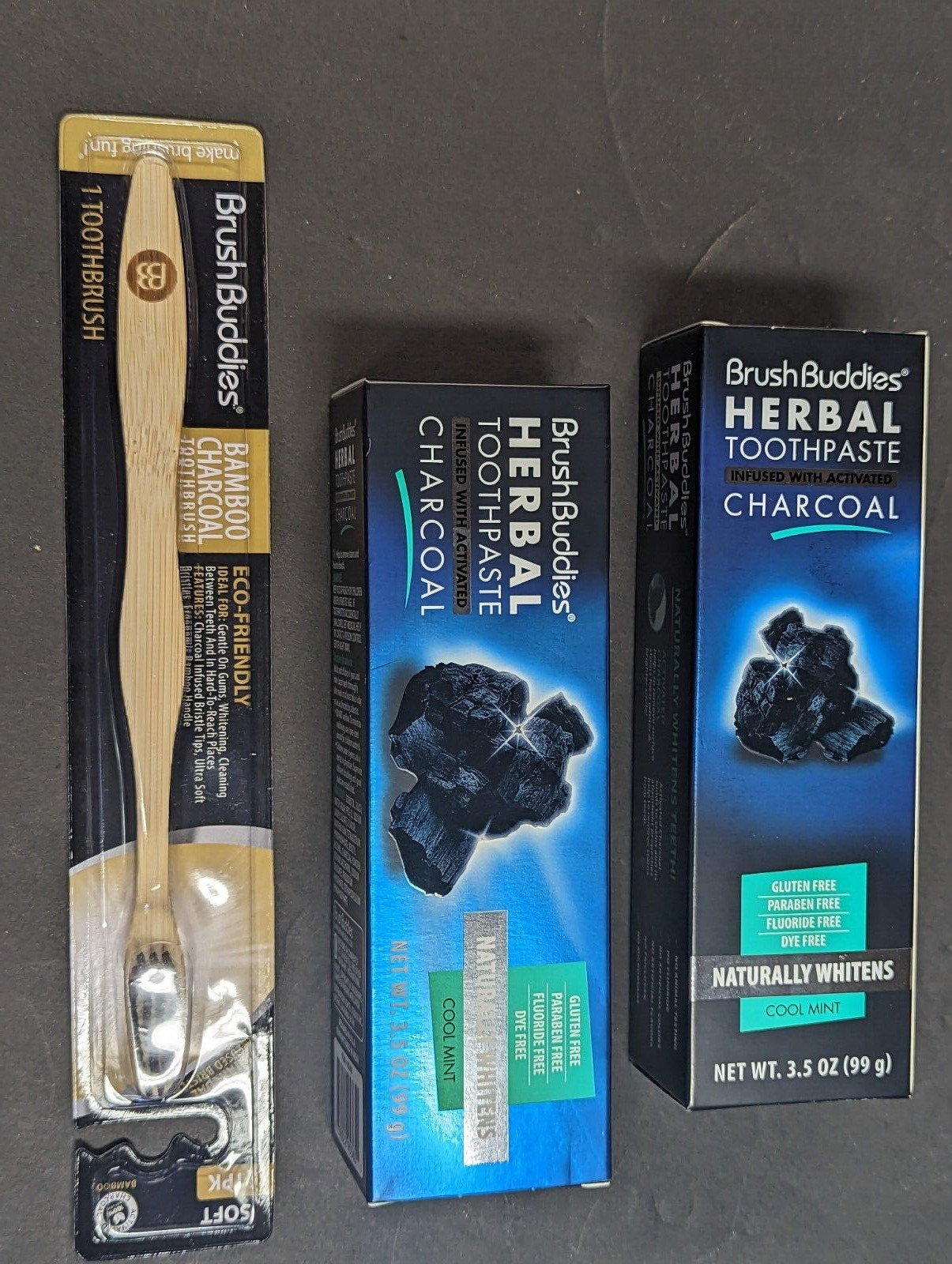 Brush Buddies Herbal Toothpaste w Activated Charcoal 2 packs & Bamboo Brush
