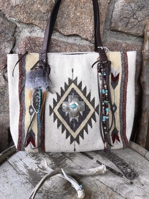 Southwestern Aztec Hand Dyed Western Wool Purse Bag Fringe Beads Feathers Concho