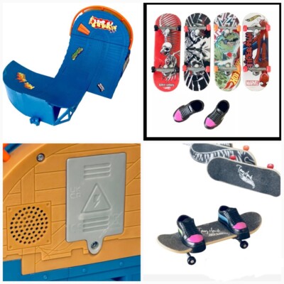 Hot Wheels LOT Tony Hawk Finger Board & Marvel 4 Decks & Pair Shoes & Ramp Sound