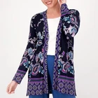 Susan Graver Regular Size 1X Navy Teal Printed Liquid Knit Long Sleeve Cardigan