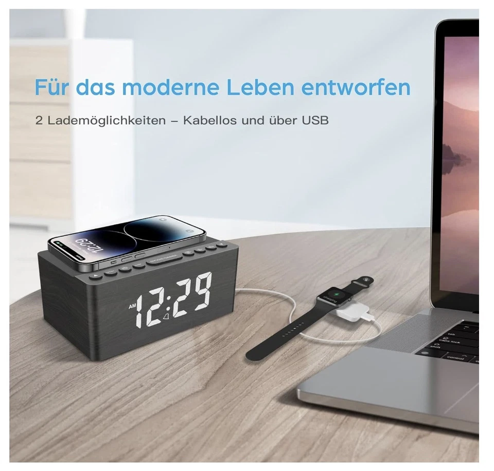 ANJANK – Radiowecker Digital mit Qi-Ladepad USB Charger dimmbar für iPhone - Bild 3 von 4