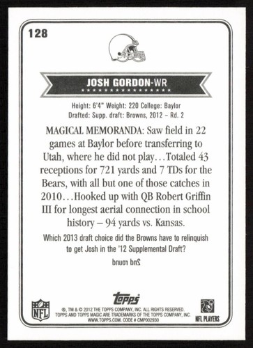 2012 Topps Magic Josh Gordon #128 Rookie Cleveland Browns - 第 2/2 張圖片