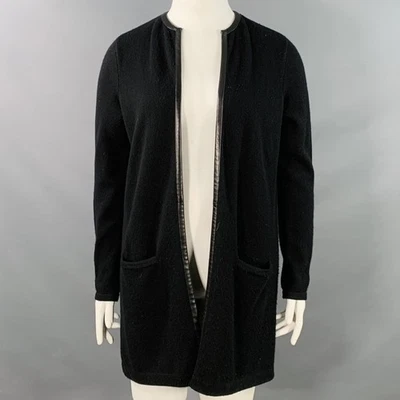 CARDIGAN OUVERT En Laine Cachemire Noir Avec Finition En Peau De Mouton Taille L - Photo 1/4