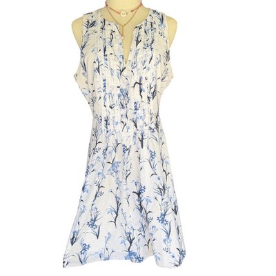 CeCe Womens Blue White Floral Clip Dot Pintuck Fit Flare Dress Size 14
