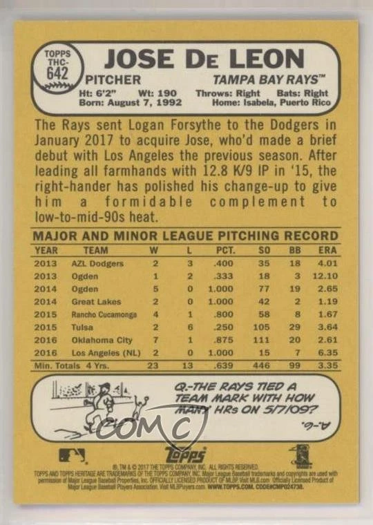 2017 Heritage High Number Hot Box Chrome Purple Refractor Jose De Leon Rookie RC - Image 2 of 2