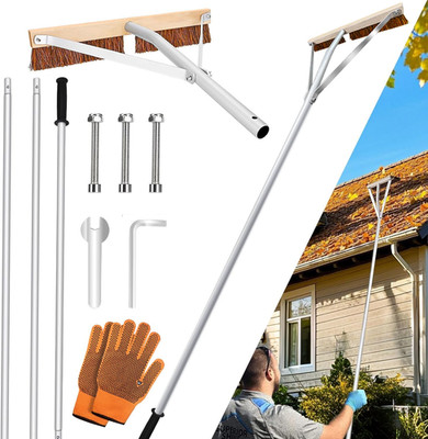 Leaf Roof Brush with Gloves, Roof Rake Remove Leaves, Adjustable 5-21Ft Roof Cle