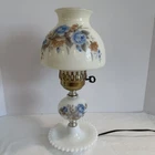 VINTAGE ELECTRIC GWTW STYLE PARLOR LAMP  MILK GLASS WITH BLUE/PEACH ROSE FLORAL