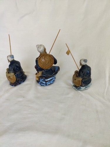 Set of 3 Chinese Mudmen Clay Fishermen Figurines Ceramic Glaze 2 Marked Blue - Picture 7 of 17