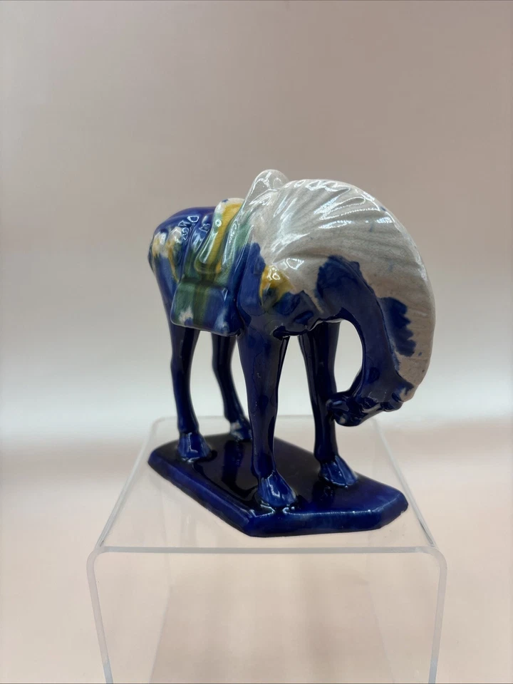 Vintage Chinese Drip Style Glaze Ceramic War Horse Figurine blue - Image 3 of 4