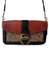 Coach Signature Color Block Georgie Small Khaki Terracotta Rivets