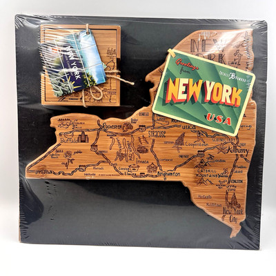 Totally Bamboo NEW YORK State Shaped Cutting Serving Board and Coaster set NEW
