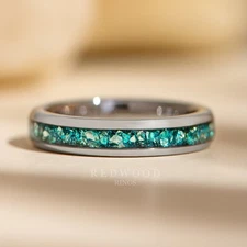 Silver Tungsten Ring with Blue Lab-Created Aquamarine Gemstone Inlay - 4MM