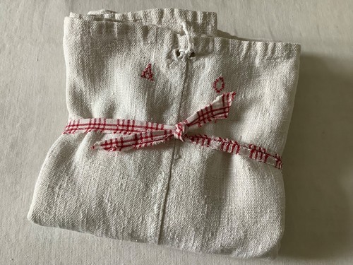 Antique French grain olive Feed Sack Linen Rustic Hand mends Mono AO - Picture 2 of 12