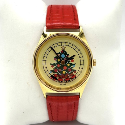 Vintage R&R Christmas Watch Moving Bear Train Gold Tone Red Leather Strap