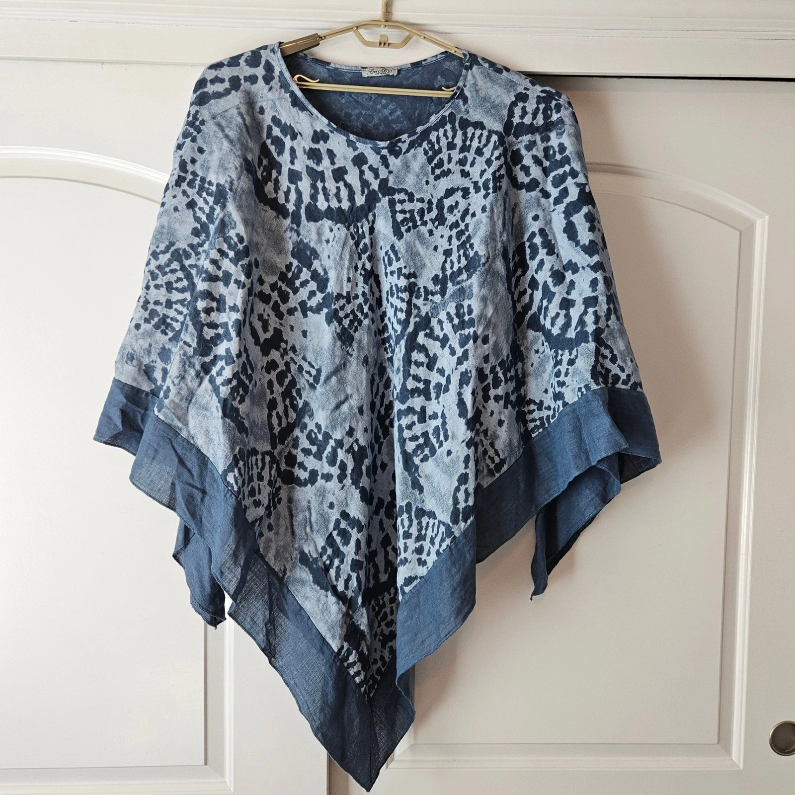 Elena Baldi 100% Linen Poncho Top One Size Shawl Italy Blue Resort Beach Wedding