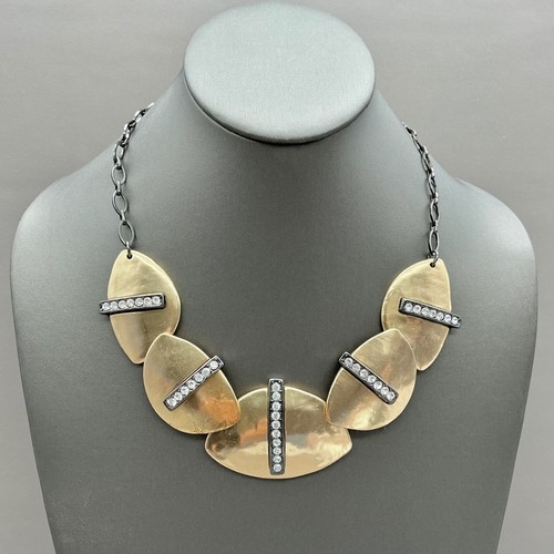 Chicos Necklace Women Gold Tone Rhinestone Statement Bib Hammered Metal 18-21 In