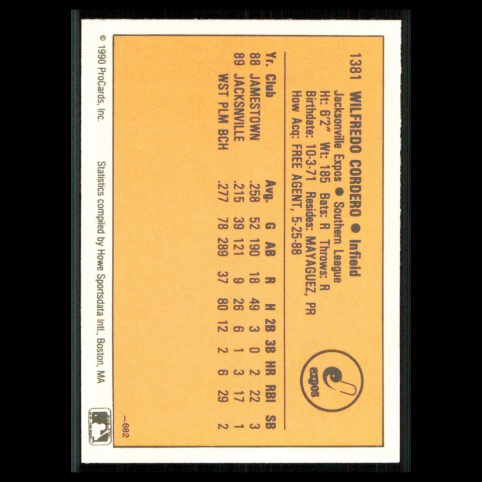 Wil Cordero #1381 1990 ProCards Jacksonville Expos Baseball Card MLB NM - Image 2 of 3