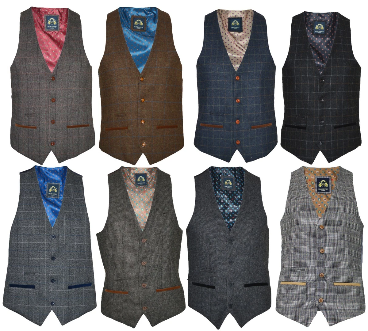Mens Marc Darcy Tweed Check Vintage Peaky Blinders Slim Fit Waistcoat