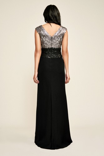 TADASHI SHOJI Dark Pearl Grey Black Sequin Lace Bodice Two-Tone Rema Maxi Gown 6 - Picture 2 of 6