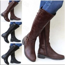 Ladies Stretch Elastic Gusset Zip Buckle Riding Boots Womens High Knee Boot